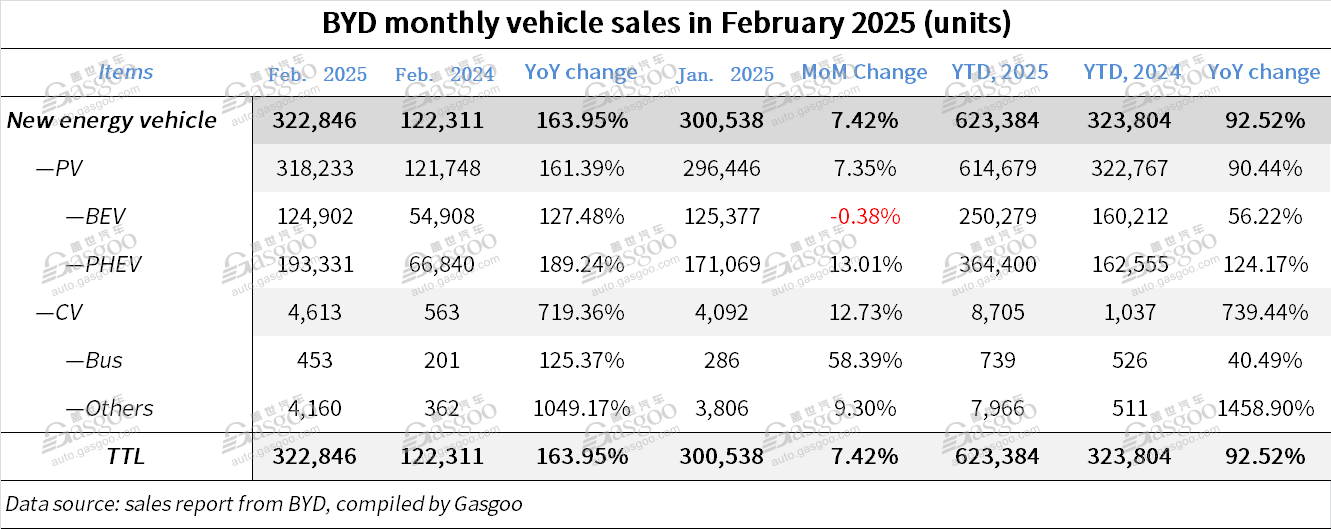 BYD boasts 163.95% YoY spike in Feb. 2025 auto sales